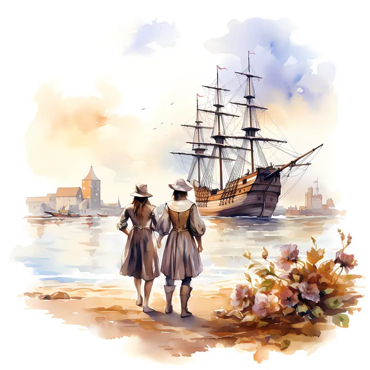 People by the Sea with a Sailing Ship