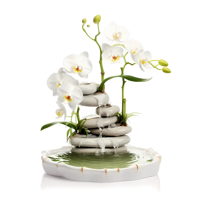 White Orchid Fountain with Stones