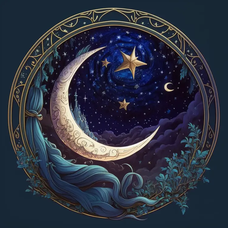 Mystical Moon and Stars in Night Sky Artwork