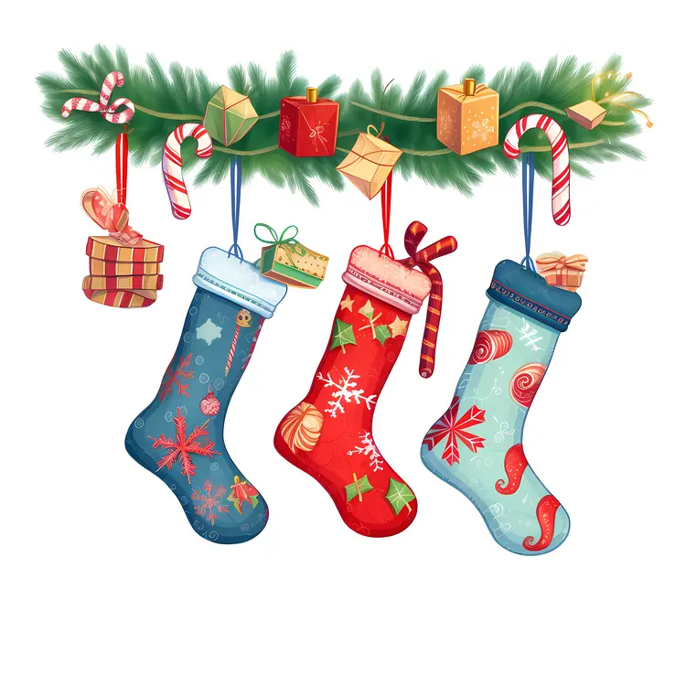 Colorful Christmas Stockings with Gifts and Candy Canes