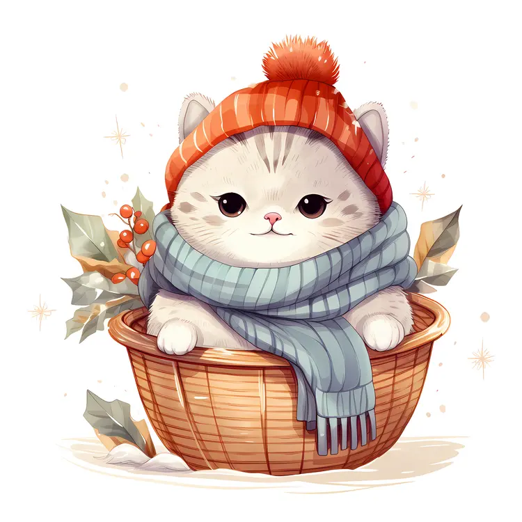 Kitten in Basket with Orange Hat and Blue Scarf