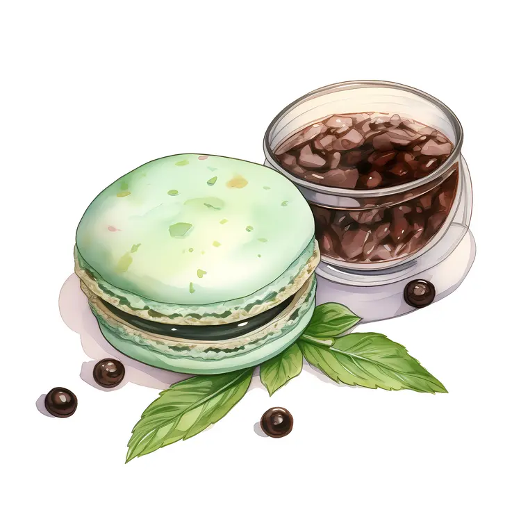 Green Macaron with Chocolate Chips and Mint Leaves