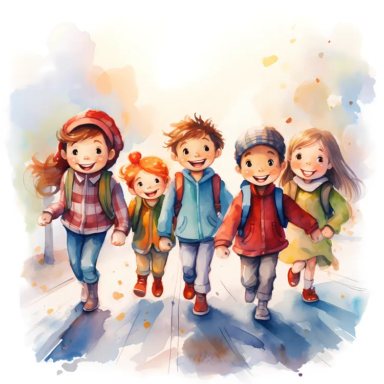 Smiling Group of Children Walking