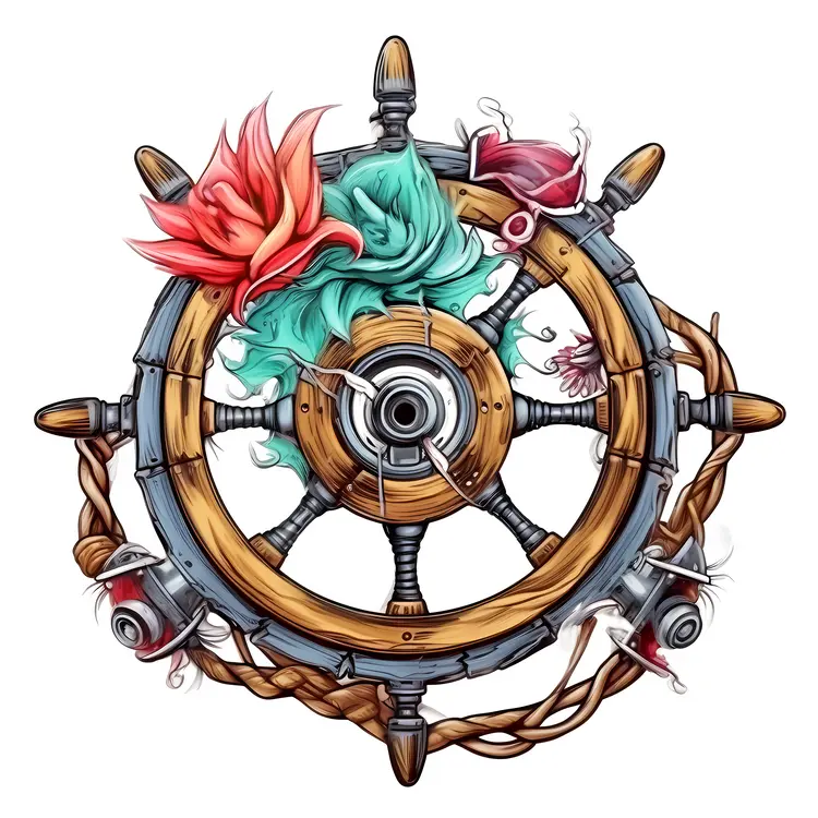 Artistic Ship Wheel with Floral Elements