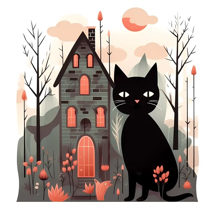 Black cat with a spooky house