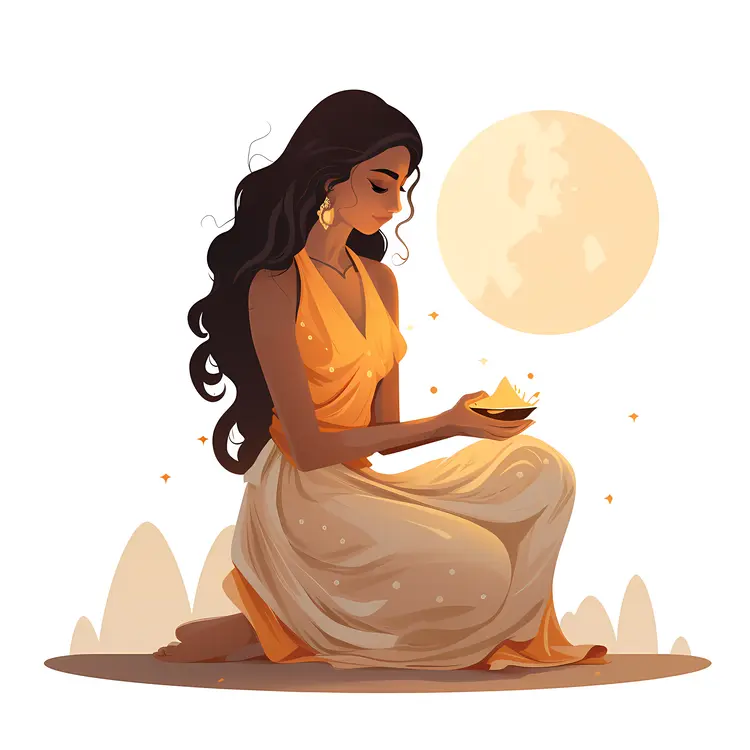 Woman Holding Lamp under the Moon