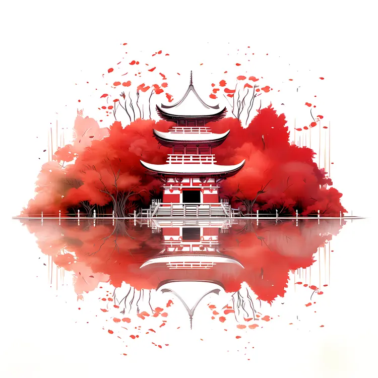 Red Pagoda with Autumn Trees and Water Reflection
