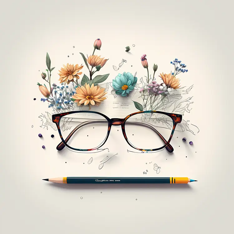 Books and Flowers with Glasses and Pencil