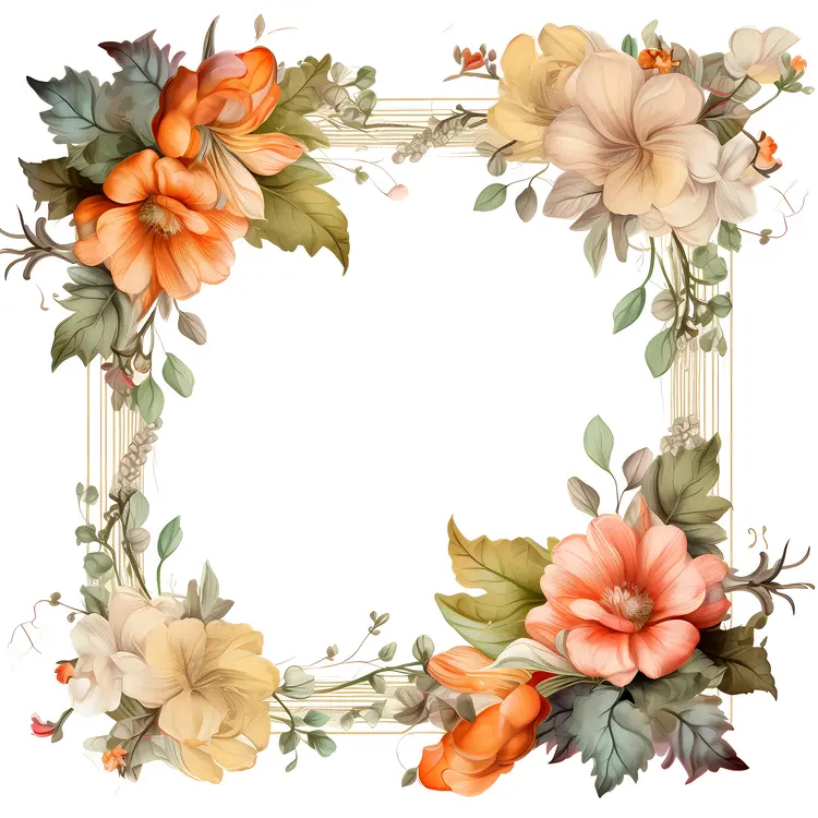 Vintage Floral Frame with Beige and Orange Flowers