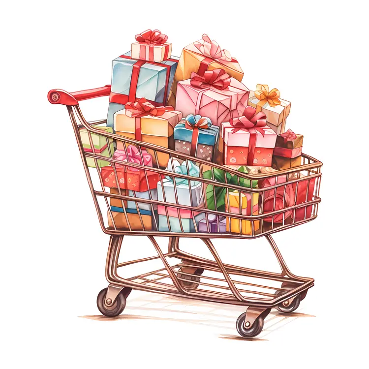 Shopping Cart Filled with Wrapped Gifts