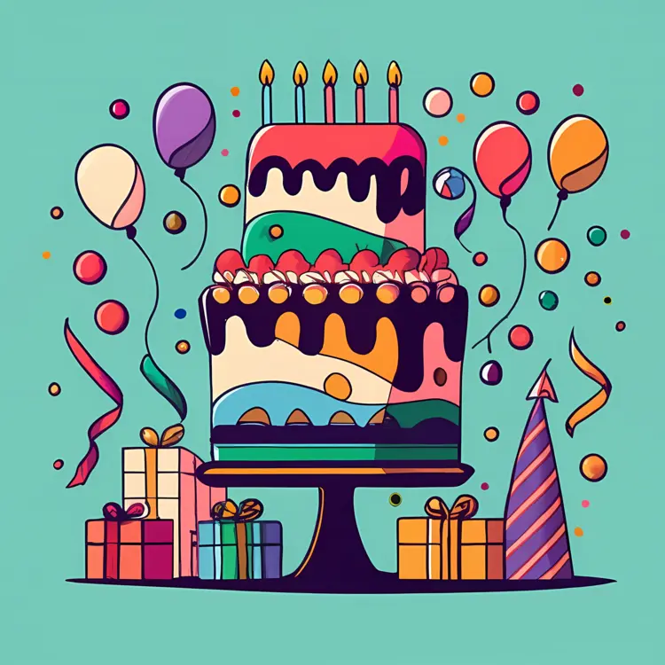 Birthday Cake with Balloons and Gifts