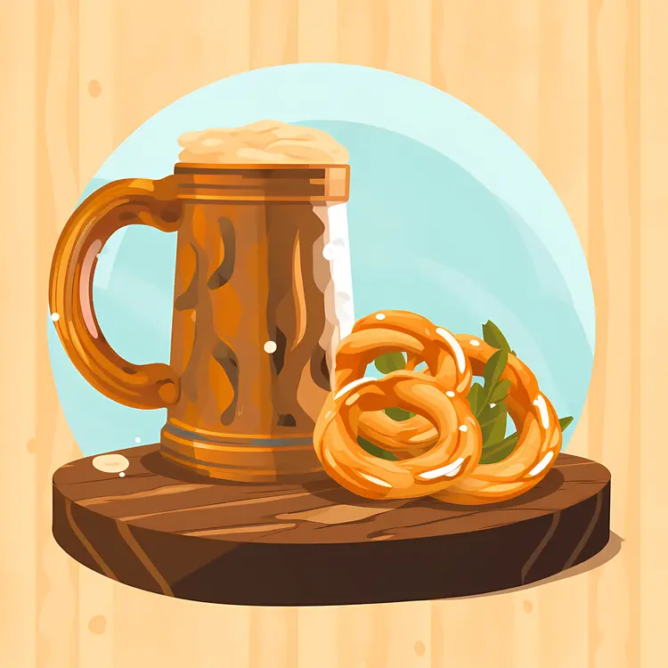 Beer Mug with Pretzels on Wooden Table