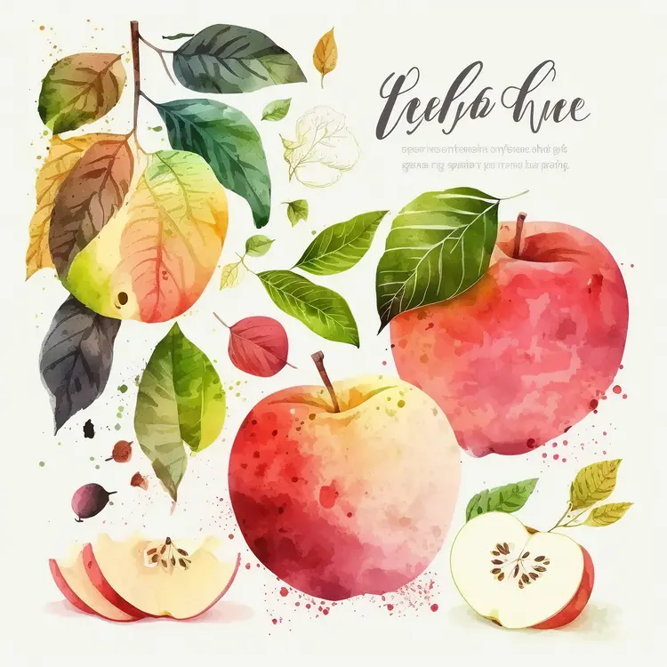 Watercolor Apples with Leaves and Slices