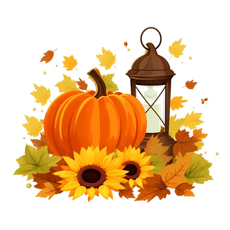 Autumn Pumpkin with Lantern and Sunflowers