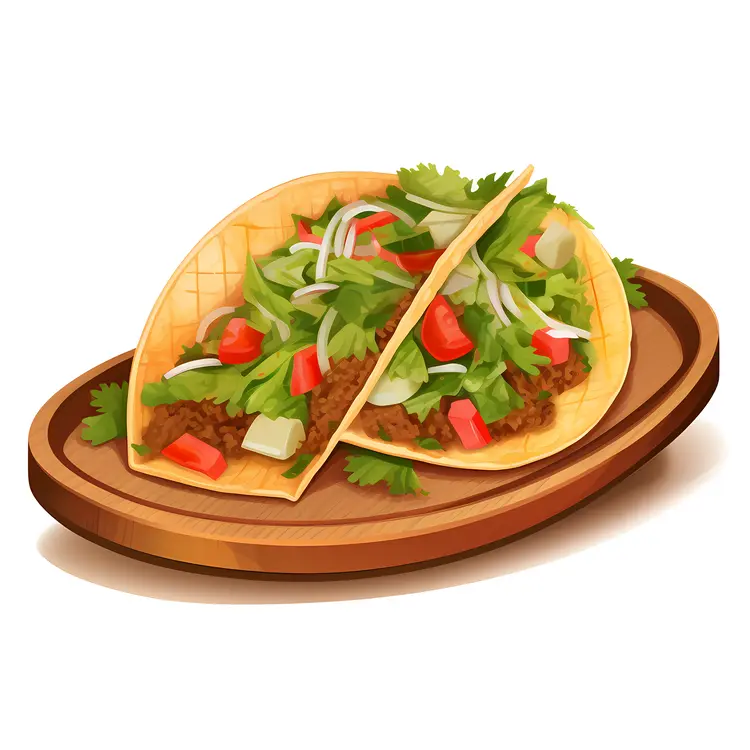Delicious Tacos on Wooden Plate