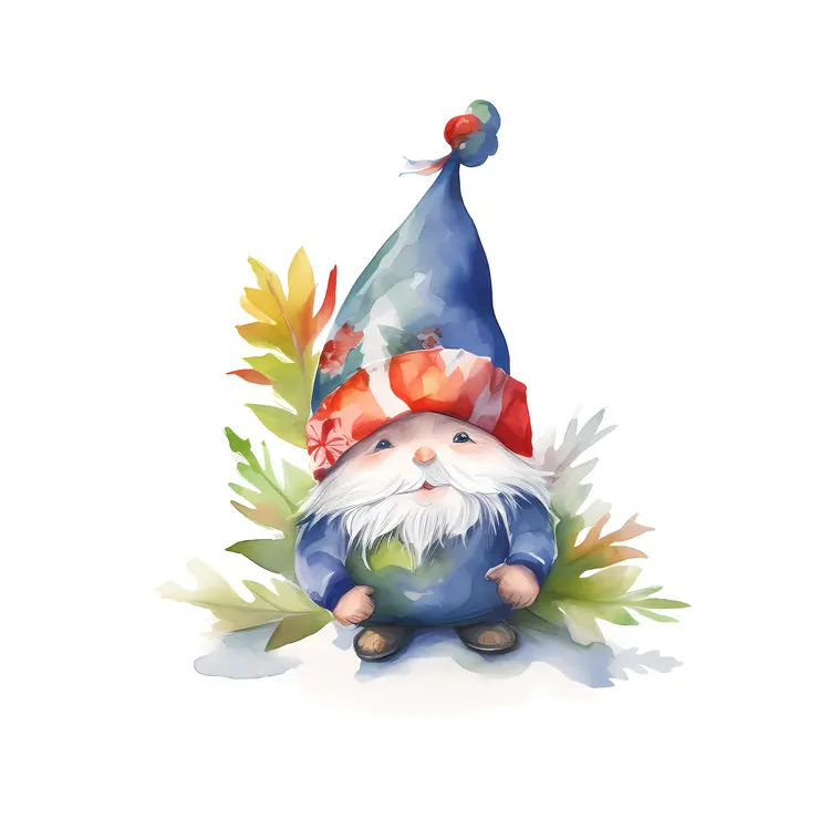 Cute Gnome with Colorful Hat and Leaves