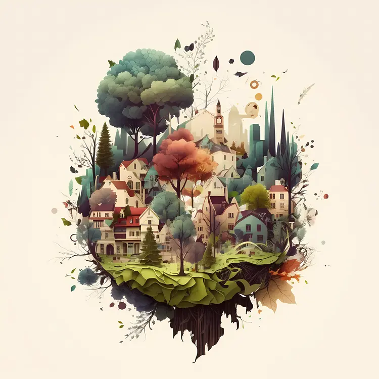 Village with trees in a scenic landscape