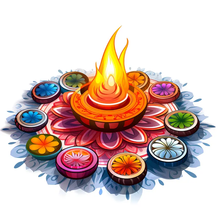 Large Diya with Colorful Rangoli for Diwali
