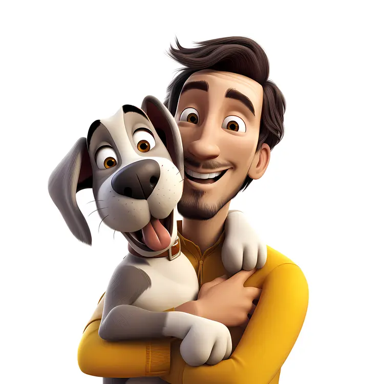 Man Hugging His Happy Dog in a Yellow Shirt