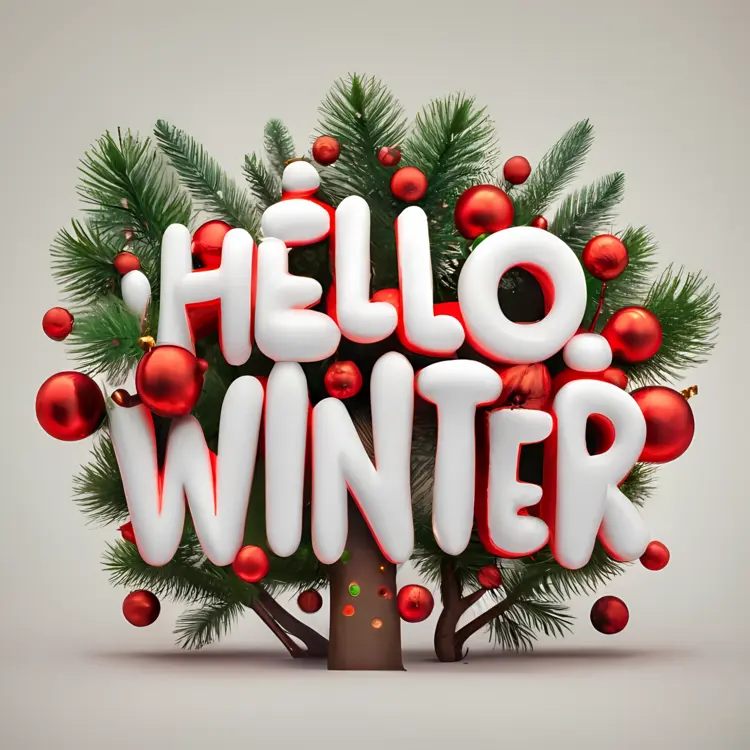 Hello Winter with Pine Branches and Red Ornaments