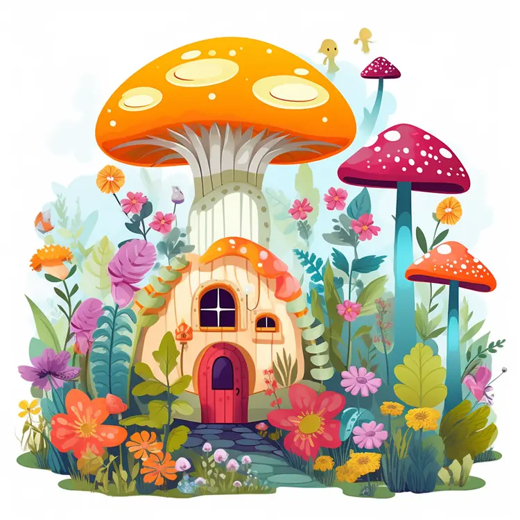 Whimsical Mushroom House with Colorful Flowers