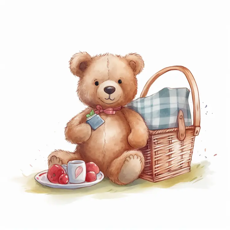 Cute Teddy Bear with Picnic Basket