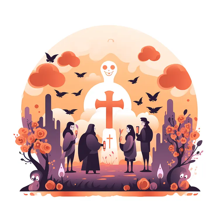 Illustration of Religious Ceremony with People and Cross