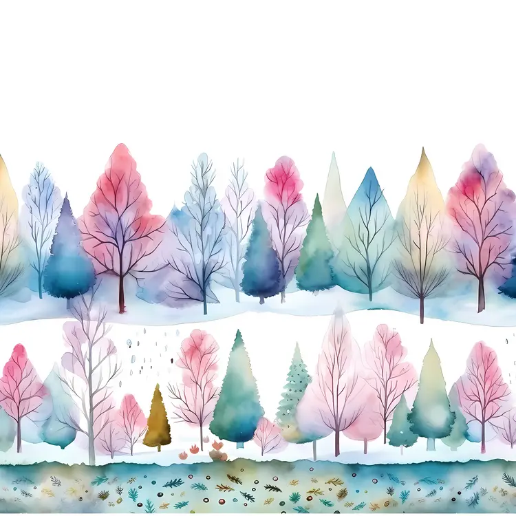 Colorful Winter Forest Watercolor Illustration