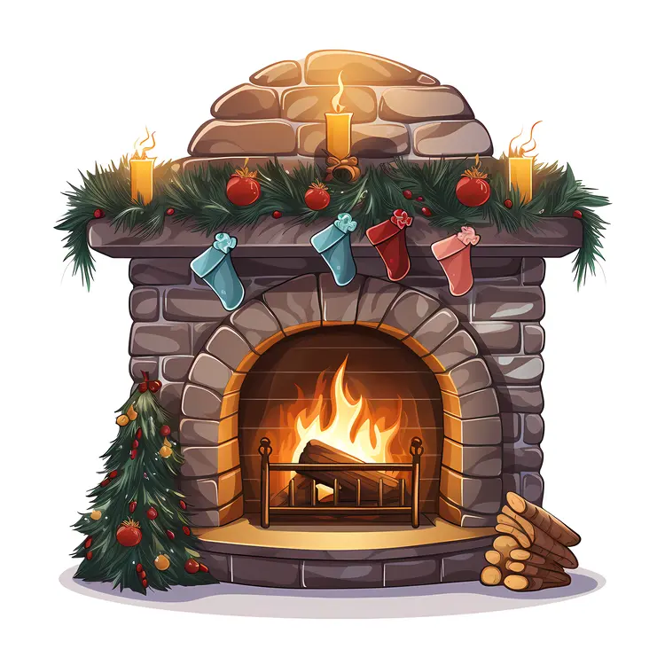 Rustic Fireplace with Christmas Ornaments