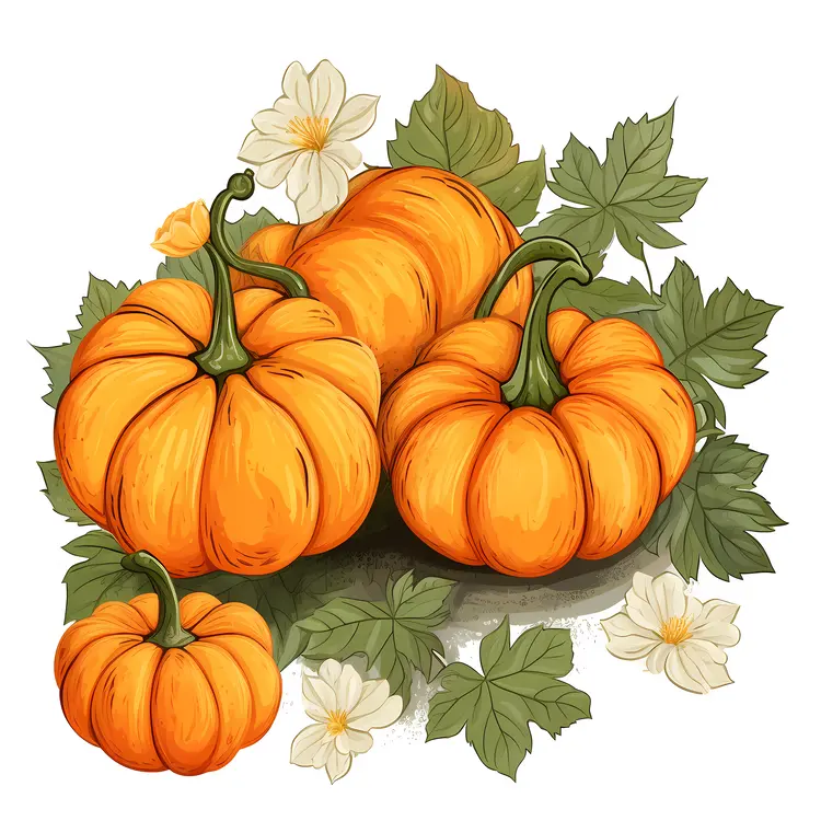 Pumpkins with Leaves and Flowers