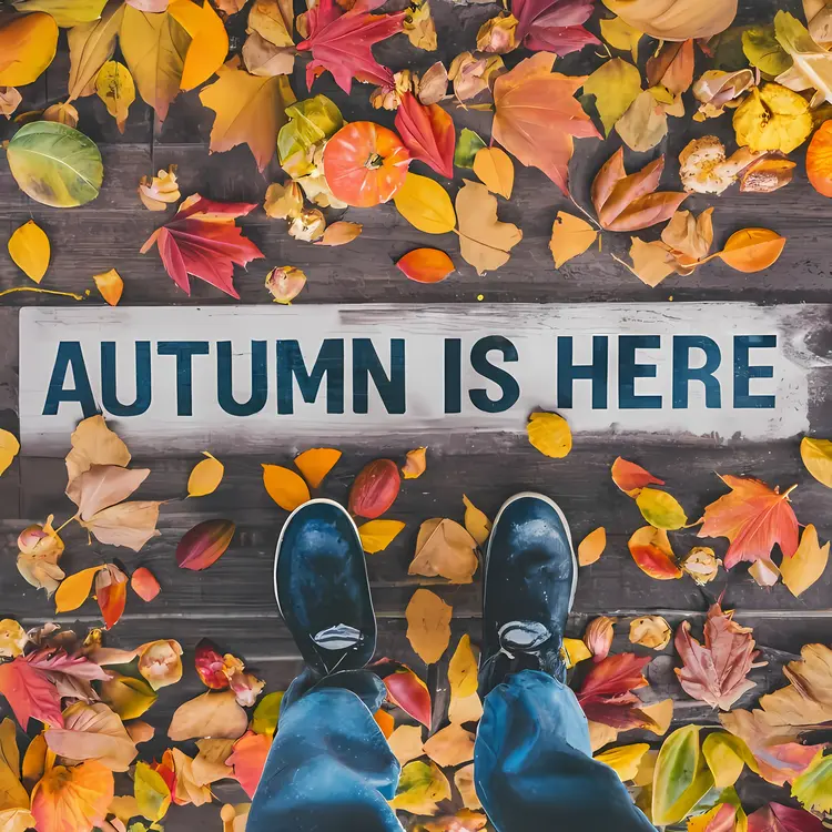 Autumn Leaves with 'Autumn is Here' Text