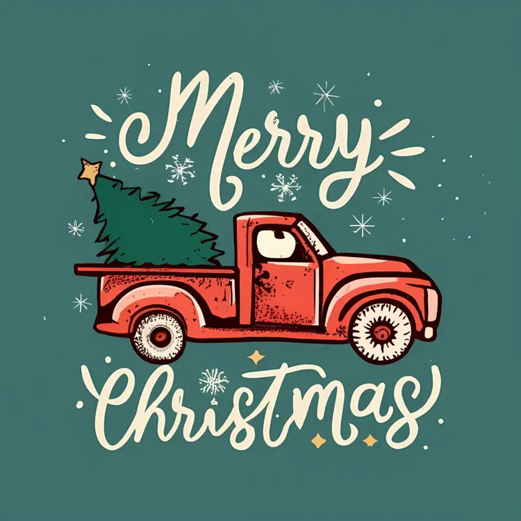 Red Truck with Christmas Tree and Merry Christmas