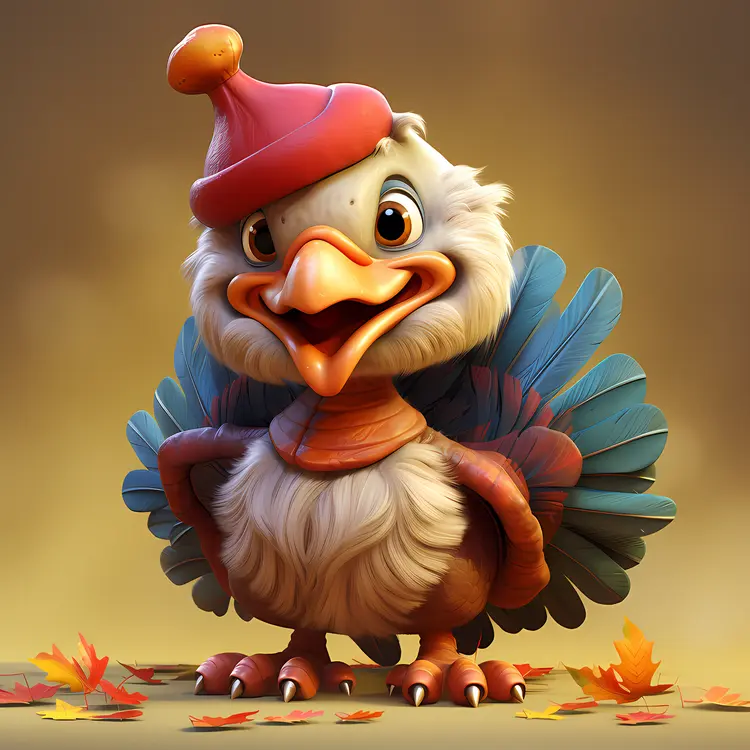 Turkey with Red Hat and Autumn Leaves