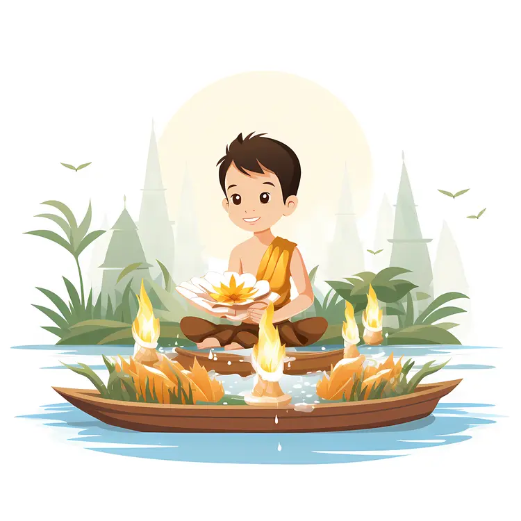 Boy with Lotus Flower on Boat with Candles