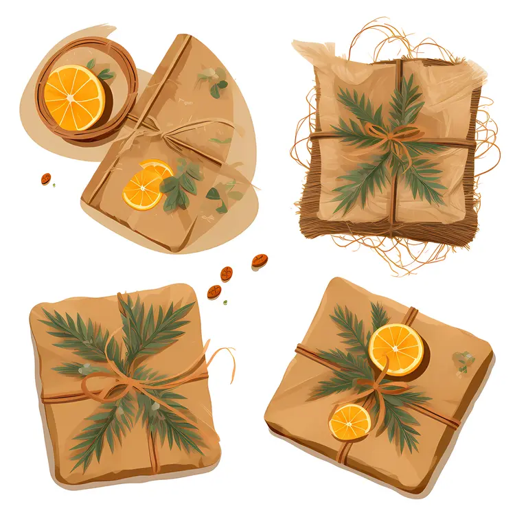 Four Gift Boxes with Pine Branches and Orange Slices