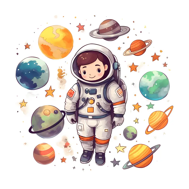 Cute Astronaut Surrounded by Planets and Stars