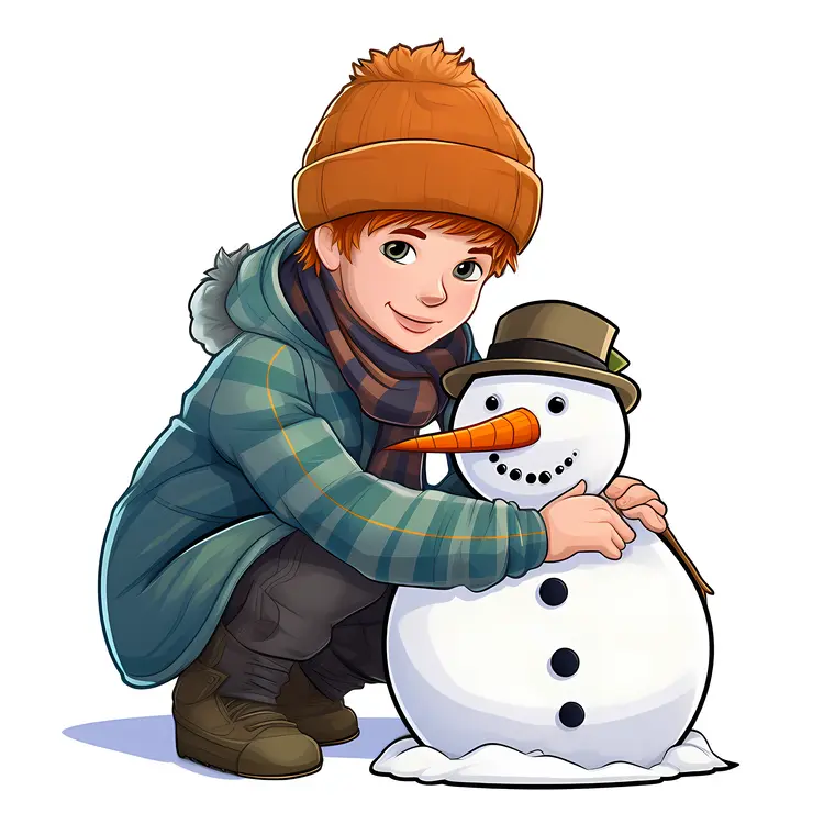 Boy Building a Snowman in Winter
