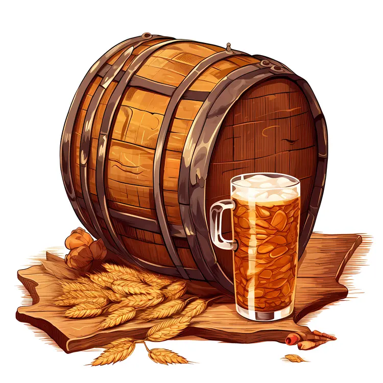 Wooden Barrel with Beer and Wheat
