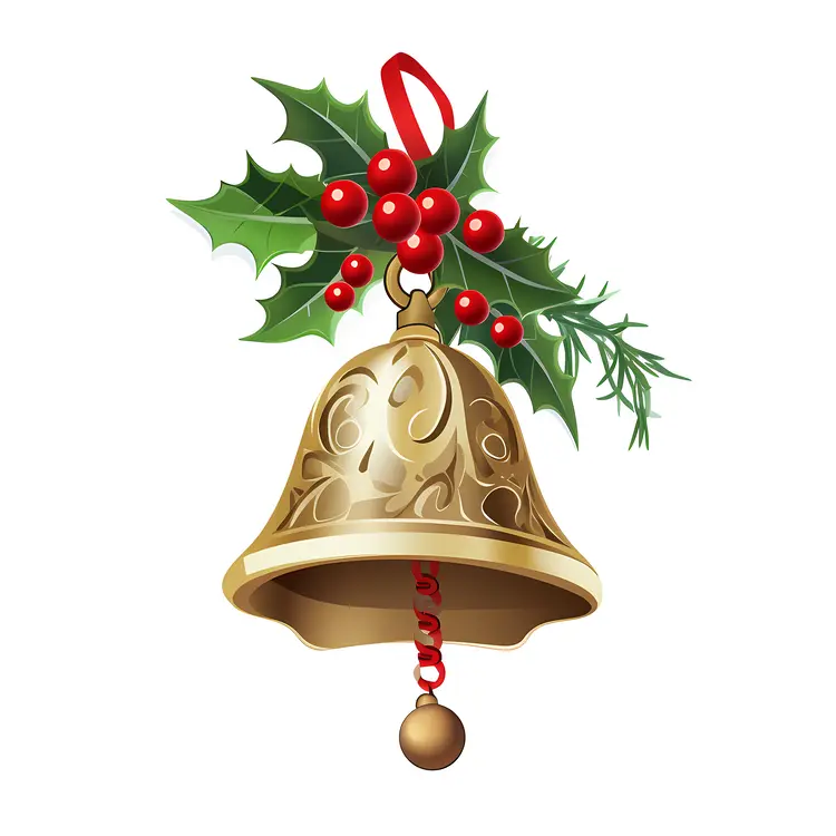 Golden Christmas Bell with Holly Leaves and Red Berries