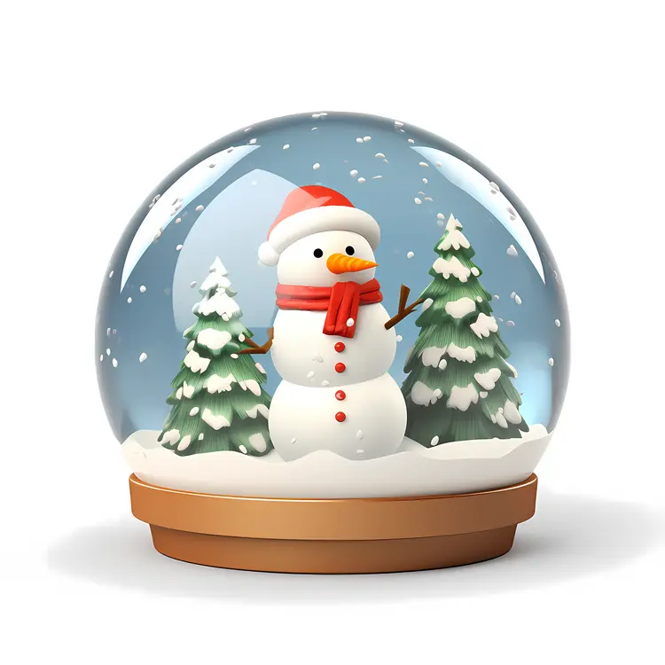 Snowman in Snow Globe with Pine Trees