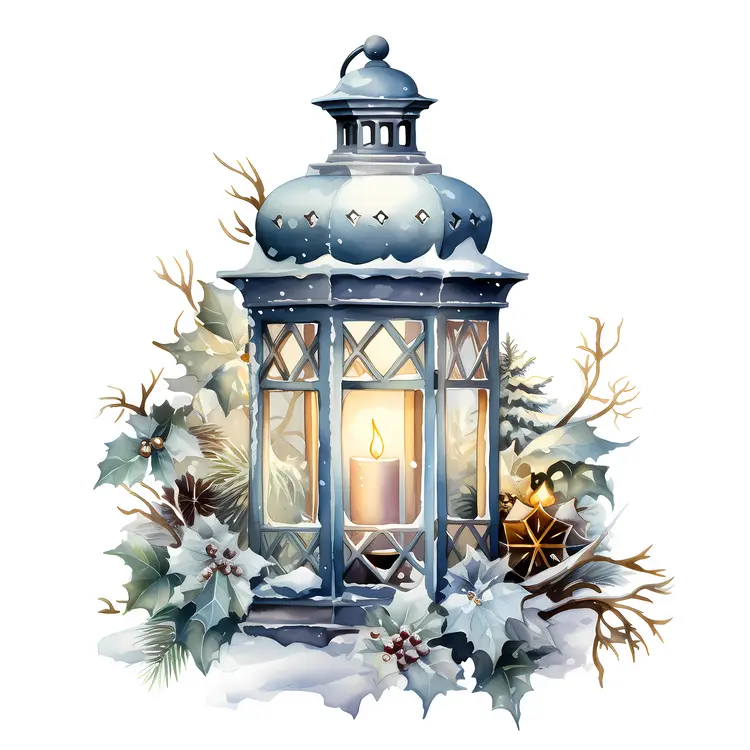 Blue Lantern with Holly and Snow