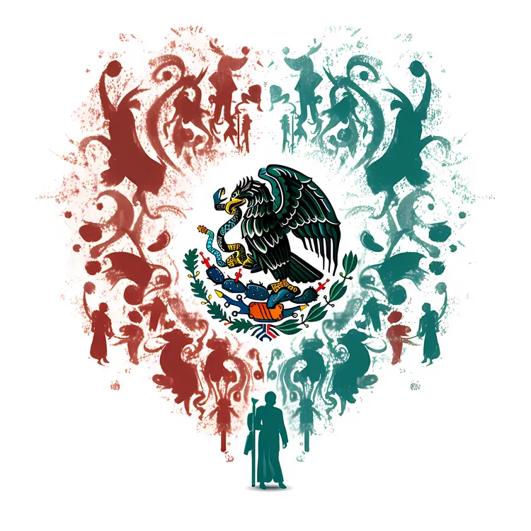 Heart-shaped Mexican Emblem with Silhouettes