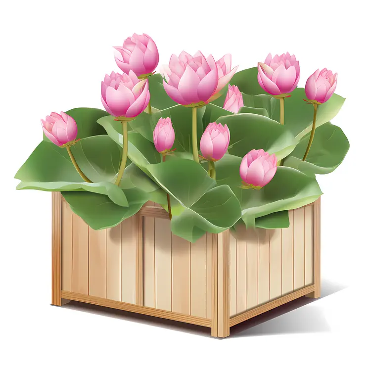 Beautiful Lotus Flowers in Wooden Planter