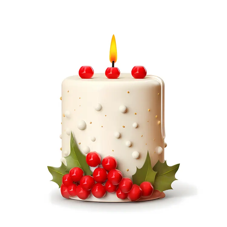 Single White Candle with Red Berries and Holly