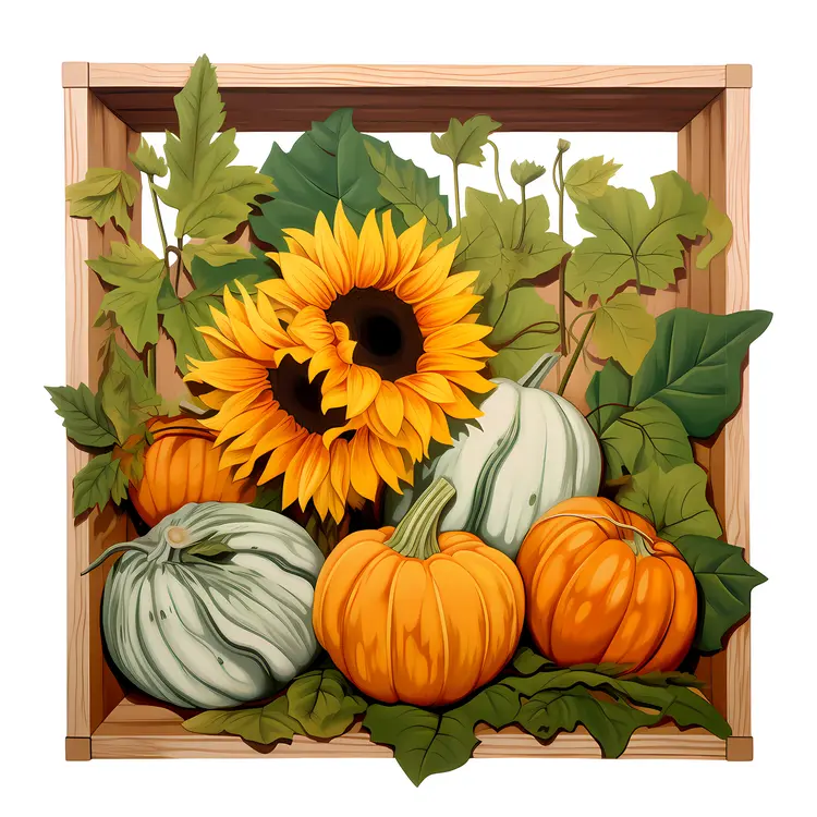 Sunflowers and Pumpkins in Wooden Frame
