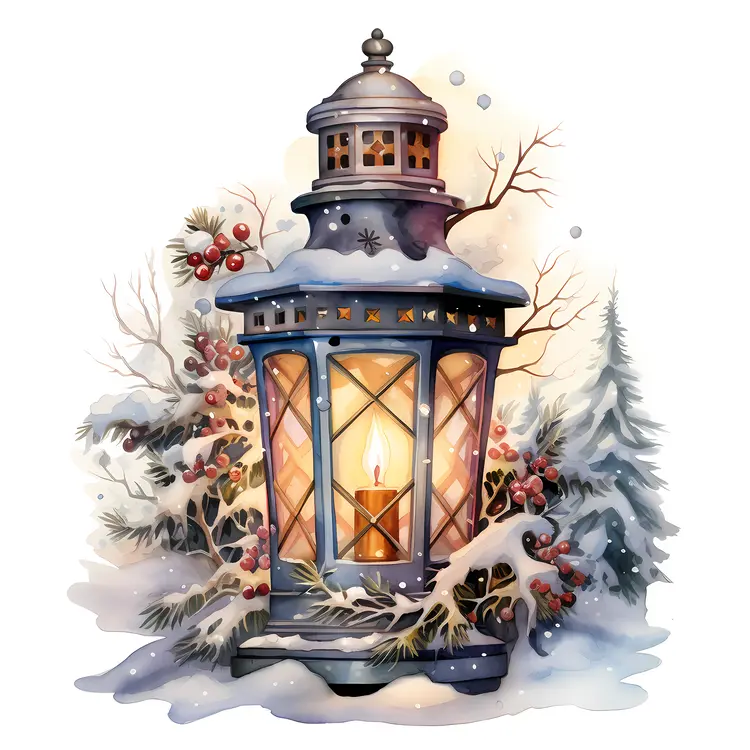 Festive Lantern with Candle and Snow