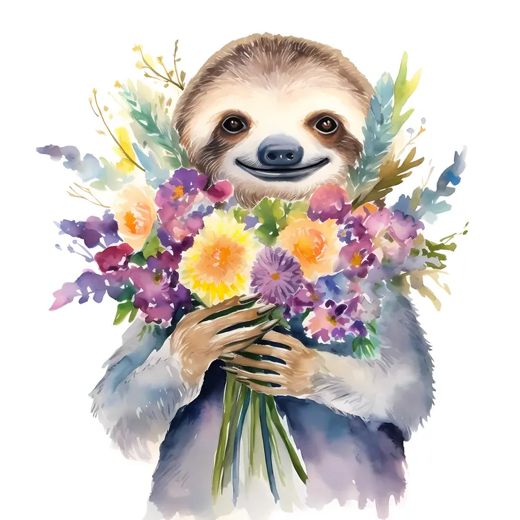 Cute Sloth Holding a Colorful Bouquet