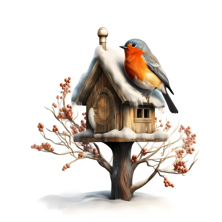 Snowy Birdhouse with Bird and Berries