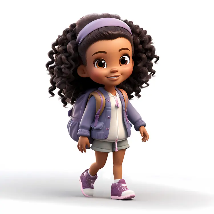 Cartoon Girl with Backpack in Purple Outfit