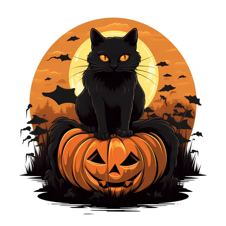 Black Cat on Pumpkin with Halloween Moon